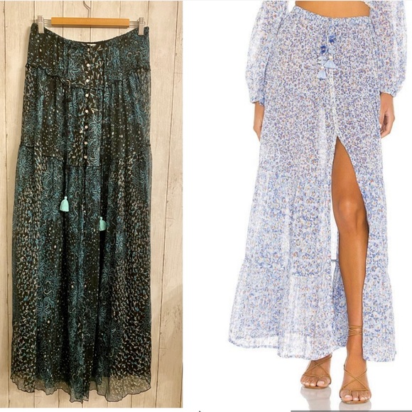 Poupette St Barth Aqua Vertical Silk Maxi Skirt - Picture 1 of 14